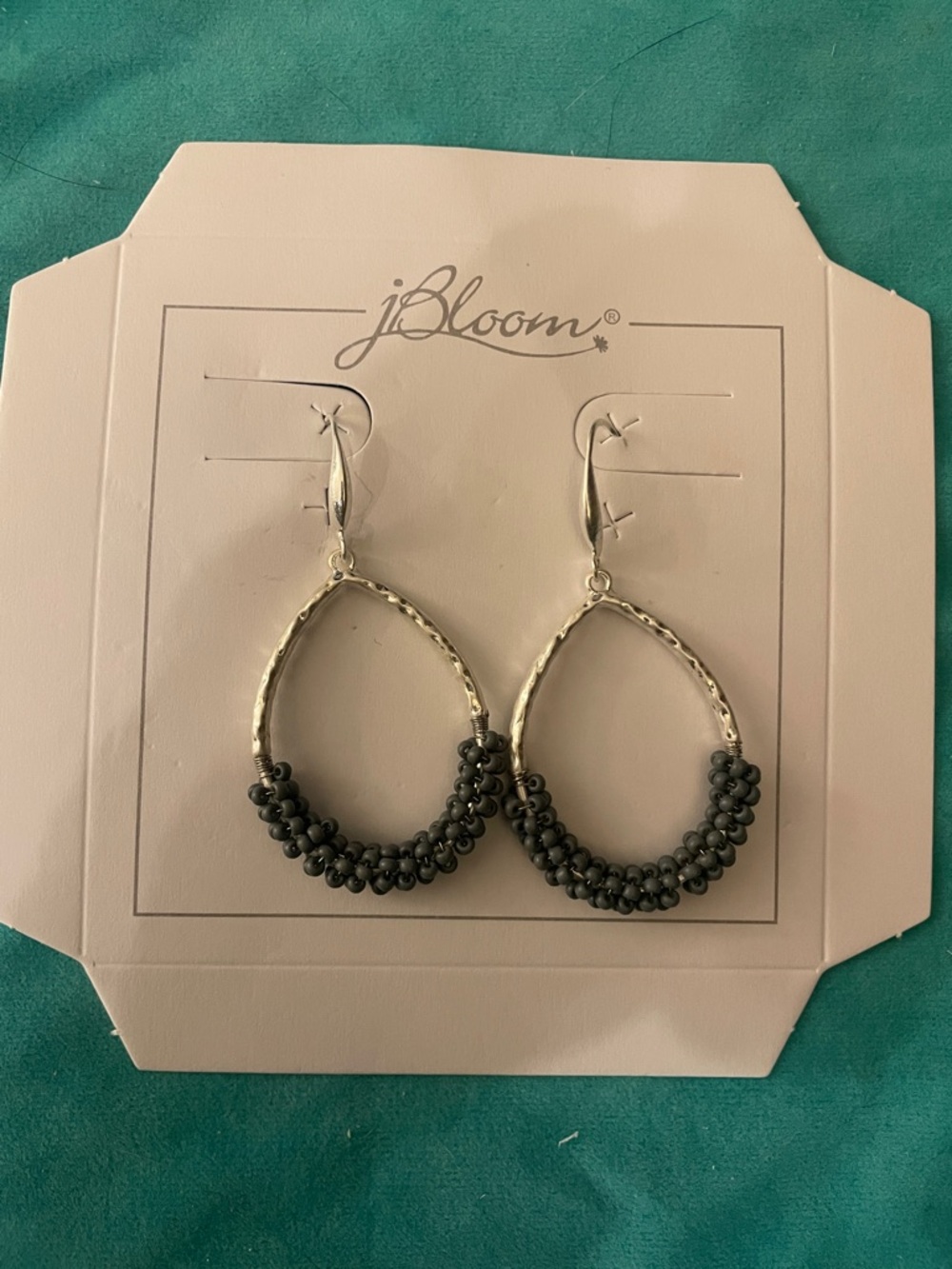 JBloom Silver Teardrop Earrings with Dark Gray Beads